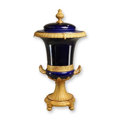 Sale Photo Thumbnail #149: French Late 19th Century Sevres-Style Ormolu-Mounted Cobalt Blue Porcelain Covered Urn