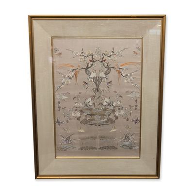 Sale Photo Thumbnail #517: Chinese Framed Silk Embroidery Flora and Fauna Panel