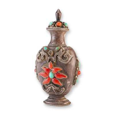 Sale Photo Thumbnail #552: Mongolian Silver Snuff Bottle, Red Lotus Flower