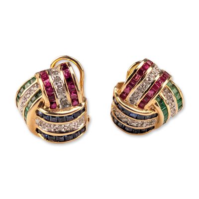 Sale Photo Thumbnail #644: Pair of 14K Yellow Gold Multi-Gemstone Knot Earrings