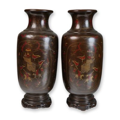 Sale Photo Thumbnail #282: Pair of Chinese-Vietnamese Inlaid Silver and Copper Vases