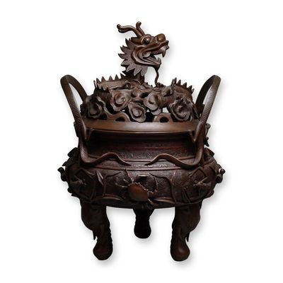 Sale Photo Thumbnail #502: Chinese Bronze Tripod Censer, Dragon and Sealife