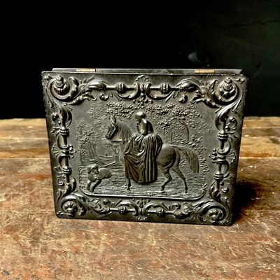 Mid-19th Century Thermoplastic Union Case with Equestrian Scene and Quarter Plate Portrait
