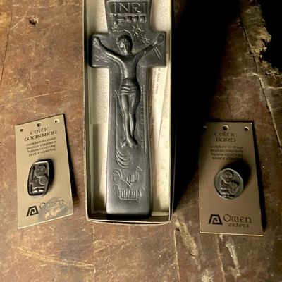 Three Owen Crafts Irish Wrought Turf Items Including a Penal Cross and Two Pins