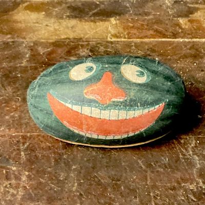 Vintage Painted Paper Mache Watermelon Form Case with Jointed Celluloid Doll