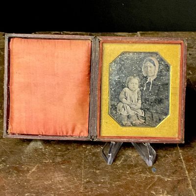 Circa 1850s Sixth-Plate Daguerreotype Portrait of a Woman and Child in Embossed Case