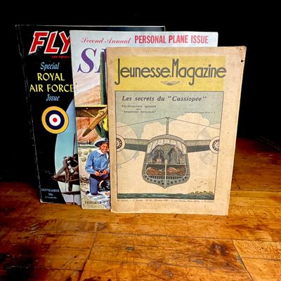 1937-1946 Trio of Vintage Aviation Magazines Including Flying, Skyways, and Jeunesse Magazine