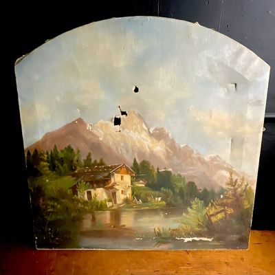 Nineteenth Century European Alpine School Landscape Oil Painting on Shaped Wooden Panel