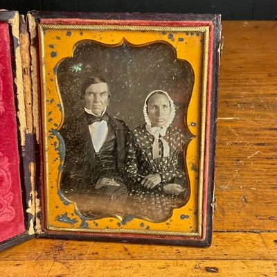 c. 1850s Sixth-Plate Daguerreotype of a Seated Couple in a Leather Case