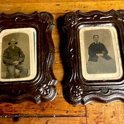 1860s-1870s A Pair of Tintype Portraits in Ornate Thermoplastic Frames