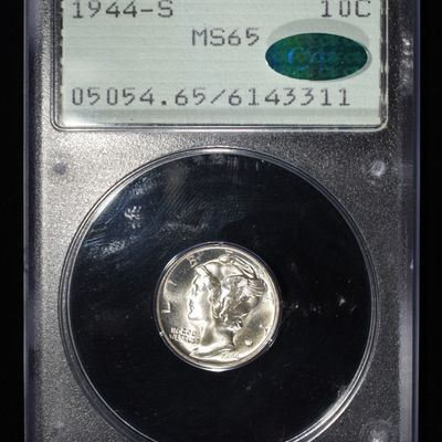 1944-S MERCURY DIME PCGS MS-65 CAC, RATTLER HOLDER