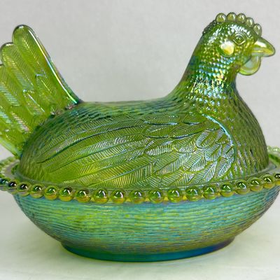 Sale Photo Thumbnail #172: INDIANA GREEN IRIDESCENT GLASS HEN ON NEST