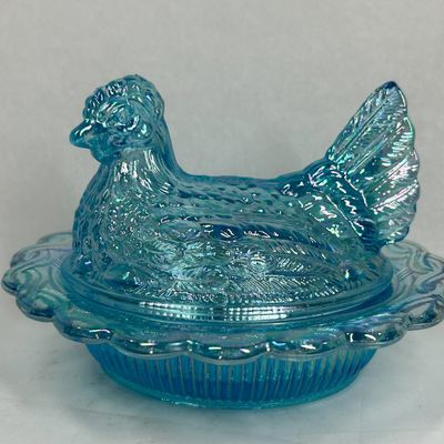 Sale Photo Thumbnail #202: MOSSER AQUA BLUE CARNIVAL GLASS HEN ON NEST