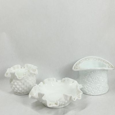 Sale Photo Thumbnail #486: FENTON WHITE MILK GLASS THREE PIECE COLLECTION