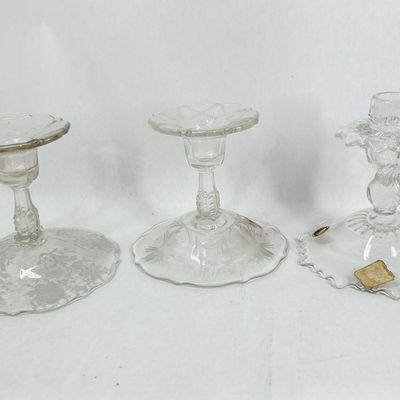 Sale Photo Thumbnail #477: CAMBRIDGE GLASS TRIO OF CLEAR CANDLESTICKS