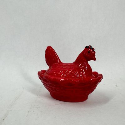 Sale Photo Thumbnail #337: MINIATURE RED COLD-PAINTED MILK GLASS HEN ON NEST
