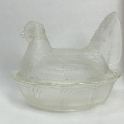 Sale Photo Thumbnail #110: FENTON GLASS FROSTED HEN-ON-NEST DISH