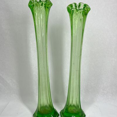 PAIR OF URANIUM GREEN SWUNG GLASS VASES
