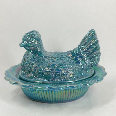 Sale Photo Thumbnail #436: MOSSER CARNIVAL GLASS TURQUOISE HEN ON NEST