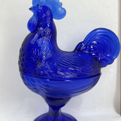 Sale Photo Thumbnail #135: COBALT BLUE PRESSED GLASS ROOSTER DISH