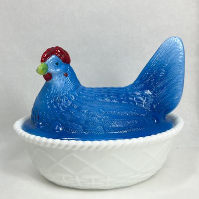 Sale Photo Thumbnail #125: WESTMORELAND BLUE SLAG AND MILK GLASS HEN ON NEST
