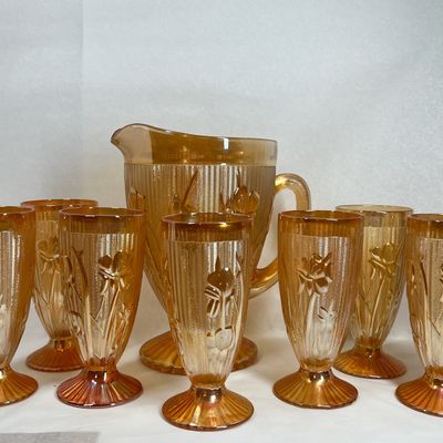 JEANETTE IRIS AND HERRINGBONE CARNIVAL GLASS WATER SET
