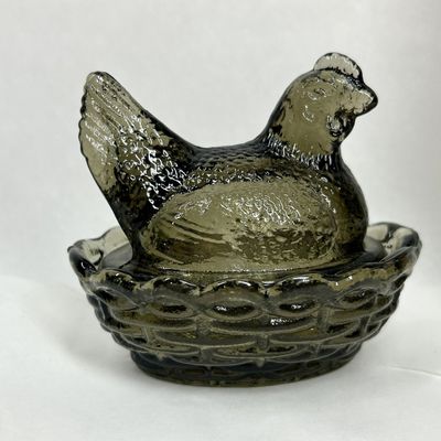 Sale Photo Thumbnail #106: ROSSO SMOKE PRESSED GLASS HEN ON NEST