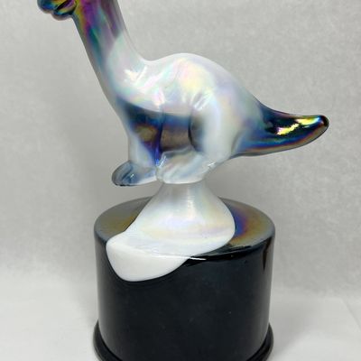FENTON PURPLE/WHITE/BLACK IRIDESCENT DINOSAUR ON FONT