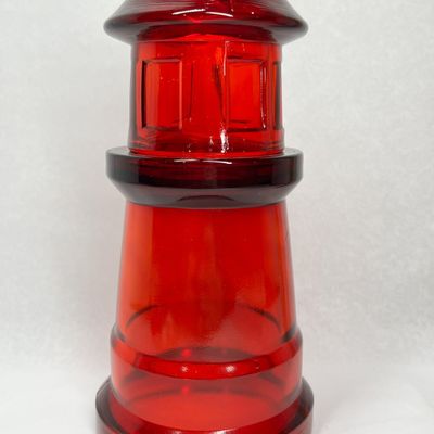PRESSED RUBY RED GLASS LIGHTHOUSE BOTTLE