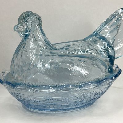 Sale Photo Thumbnail #120: BLUE GLASS HEN ON NEST DISH