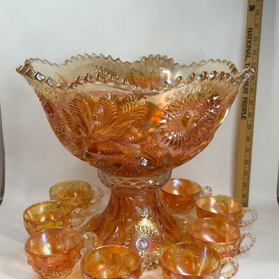 Sale Photo Thumbnail #234: MARIGOLD CARNIVAL GLASS PUNCH BOWL SET