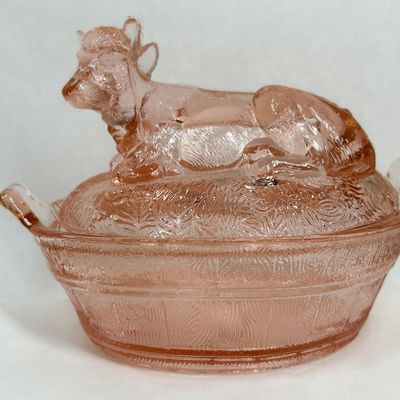 Sale Photo Thumbnail #129: PINK DEPRESSION GLASS COW COVERED DISH