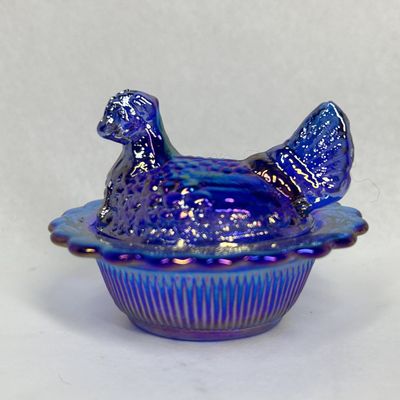 Sale Photo Thumbnail #160: MOSSER COBALT CARNIVAL GLASS MINI HEN