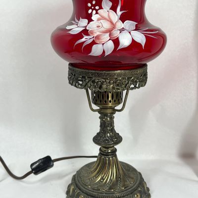 1980 J. GREEN CRANBERRY GLASS ELECTRIC LAMP
