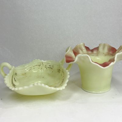 TWO PIECES CUSTARD URANIUM ART GLASS