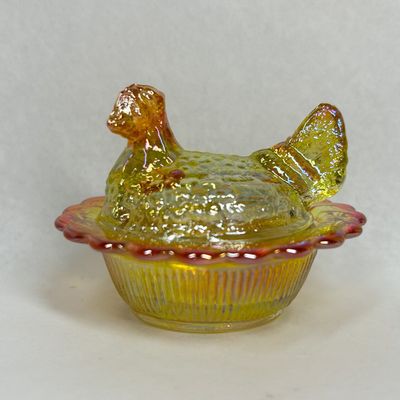 Sale Photo Thumbnail #164: MOSSER AMBERINA CARNIVAL GLASS MINIATURE HEN