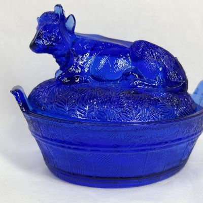 Sale Photo Thumbnail #130: COBALT BLUE PRESSED GLASS COW DISH