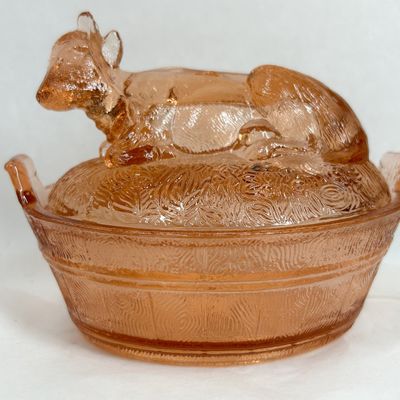 Sale Photo Thumbnail #131: PINK DEPRESSION GLASS COW ON NEST DISH