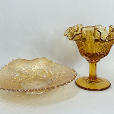 Sale Photo Thumbnail #282: NORTHWOOD MARIGOLD CARNIVAL GLASS AND AMBER COMPOTE