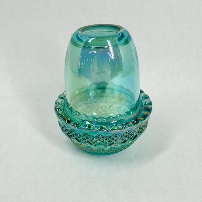 Sale Photo Thumbnail #421: MOSSER TEAL CARNIVAL GLASS FAIRY LAMP