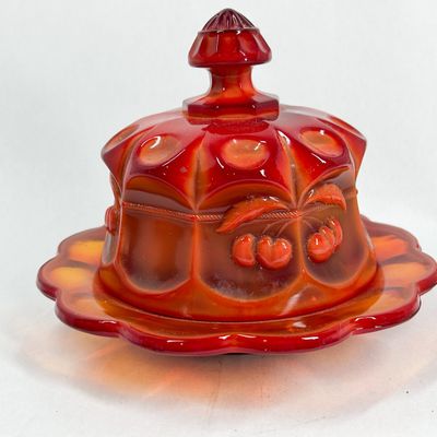 Sale Photo Thumbnail #369: AMBERINA SLAG GLASS CHERRY AND CABLE BUTTER DISH