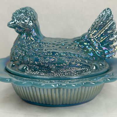 Sale Photo Thumbnail #199: MOSSER IRIDESCENT BLUE CARNIVAL GLASS HEN ON NEST