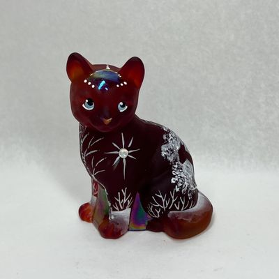 2025 FGS JK SPINDLER 5/5 FENTON SATIN GLASS SITTING CAT RARE