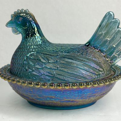 Sale Photo Thumbnail #176: INDIANA CARNIVAL GLASS IRIDESCENT HEN ON NEST