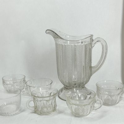 Sale Photo Thumbnail #483: CAMBRIDGE PRESSED CLEAR GLASS PITCHER AND CUP ASSORTMENT