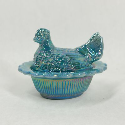 Sale Photo Thumbnail #437: MOSSER AQUA OPAL CARNIVAL GLASS HEN ON NEST