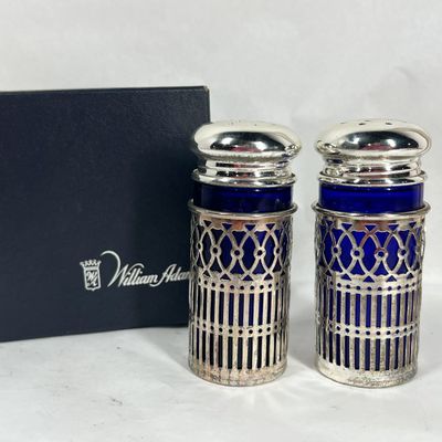 WILLIAM ADAMS SILVERPLATE COBALT GLASS SHAKERS