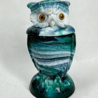 Sale Photo Thumbnail #312: IMPERIAL GLASS GREEN SLAG OWL JAR