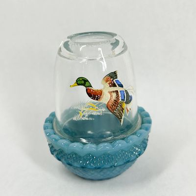 Sale Photo Thumbnail #370: MOSSER BLUE SLAG GLASS FAIRY LAMP