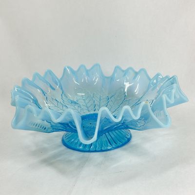 Sale Photo Thumbnail #466: FENTON BLUE OPALESCENT PRESSED GLASS LEAF COMPOTE